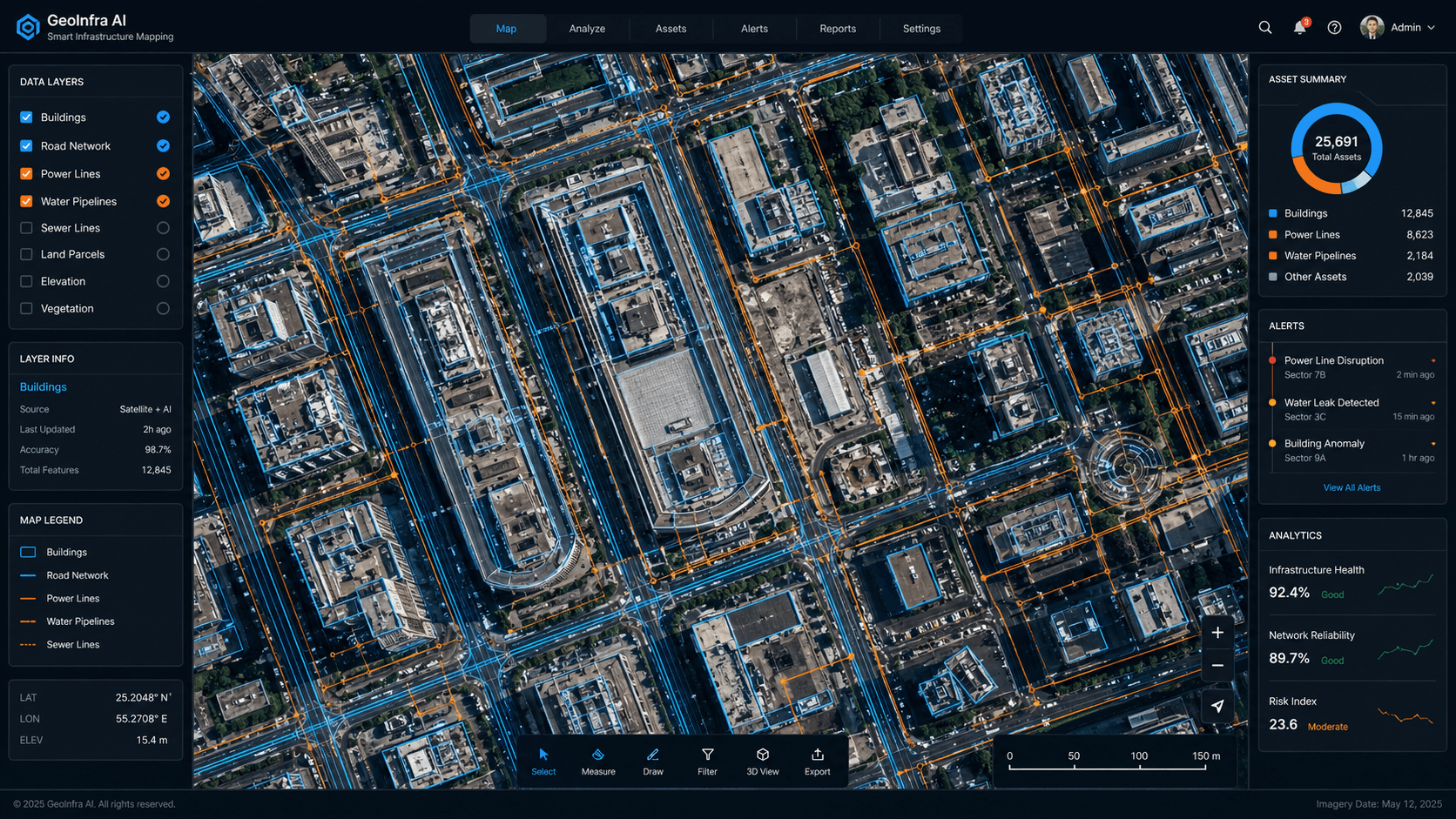 City monitored at night with AI-detected activity highlighted across the scene